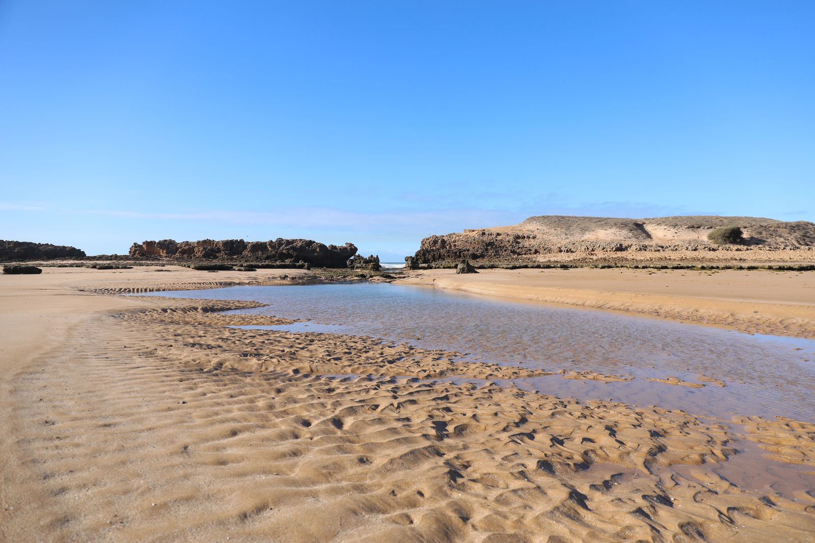 La plage de sable blanc d&rsquo;Oualidia au bout du sentier, la lagune et les bancs de sable
